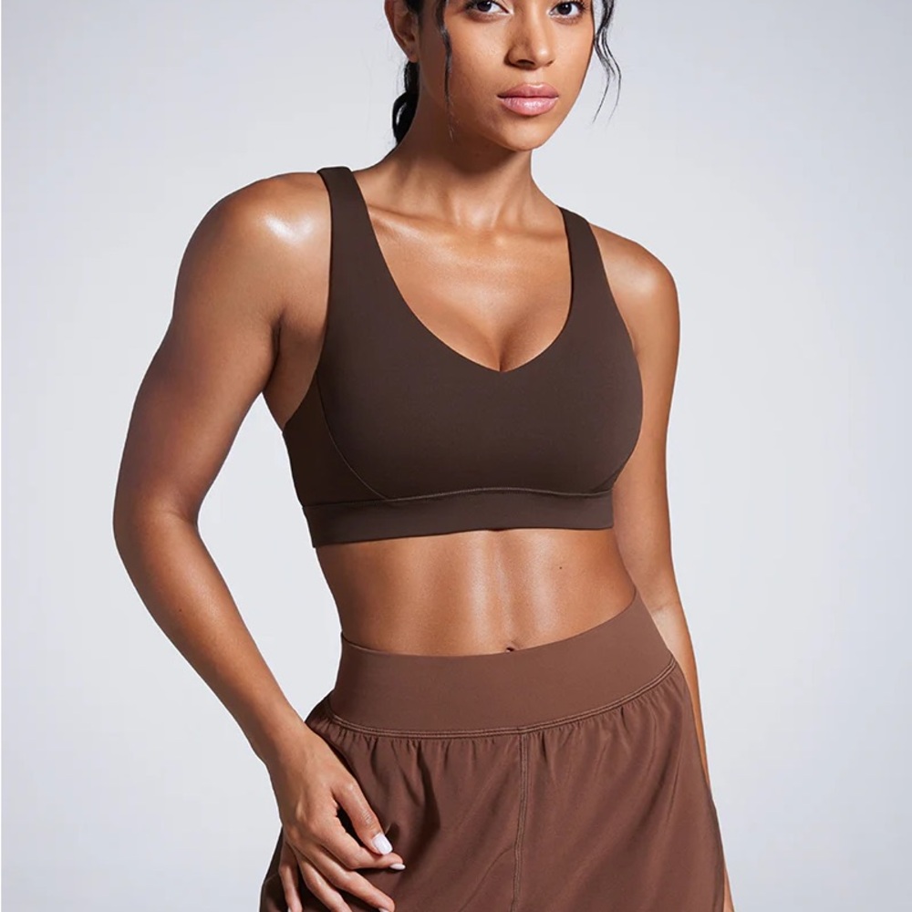 CRZ YOGA Butterbreeze Fudge Brown V Neck Bra Adjustable Straps